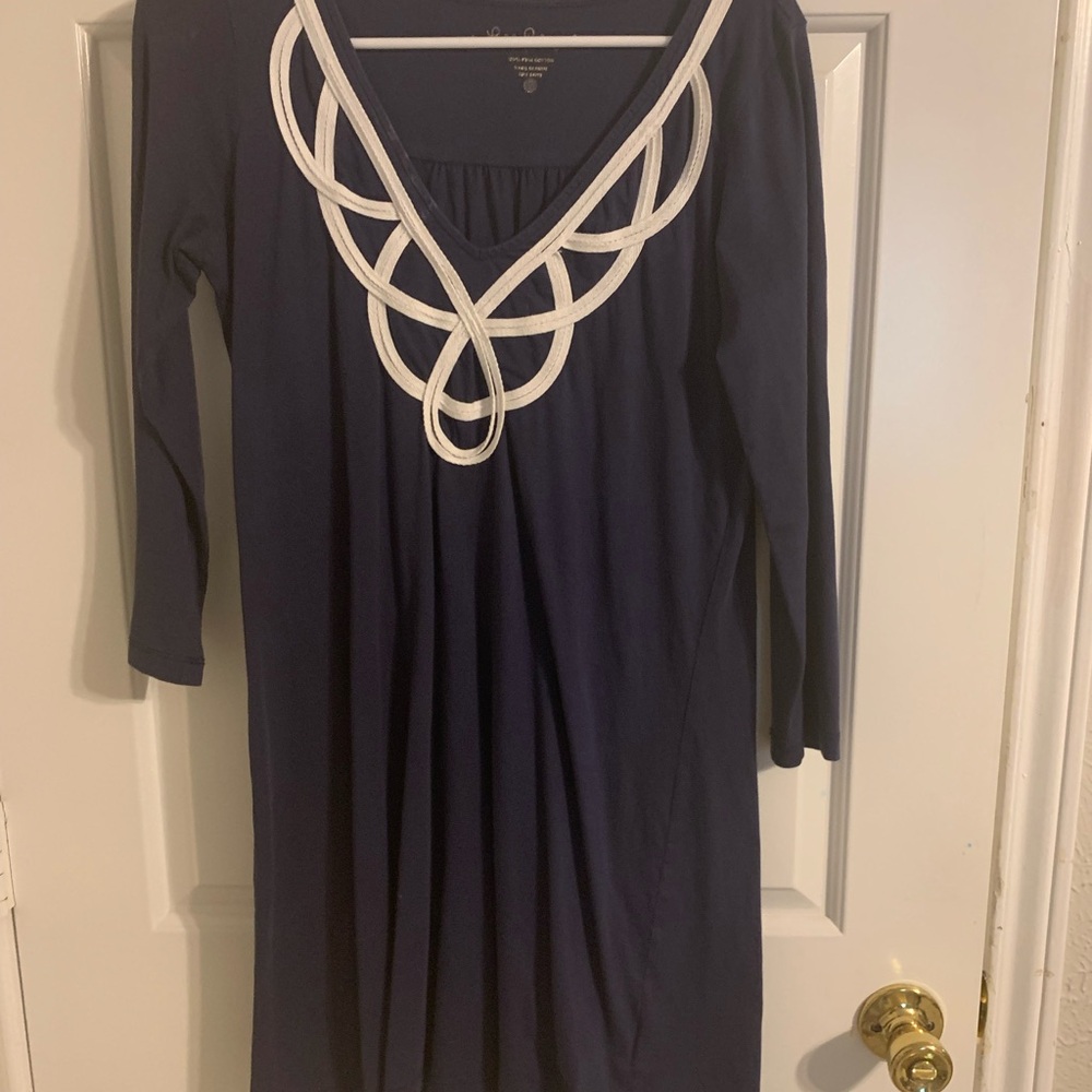 Elegant Navy Blue Dress with White Accents